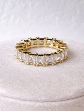 Gold Eternity Wedding Band 💍 Princess Cut CZ | Bridal Ring | Diamond Look | 8